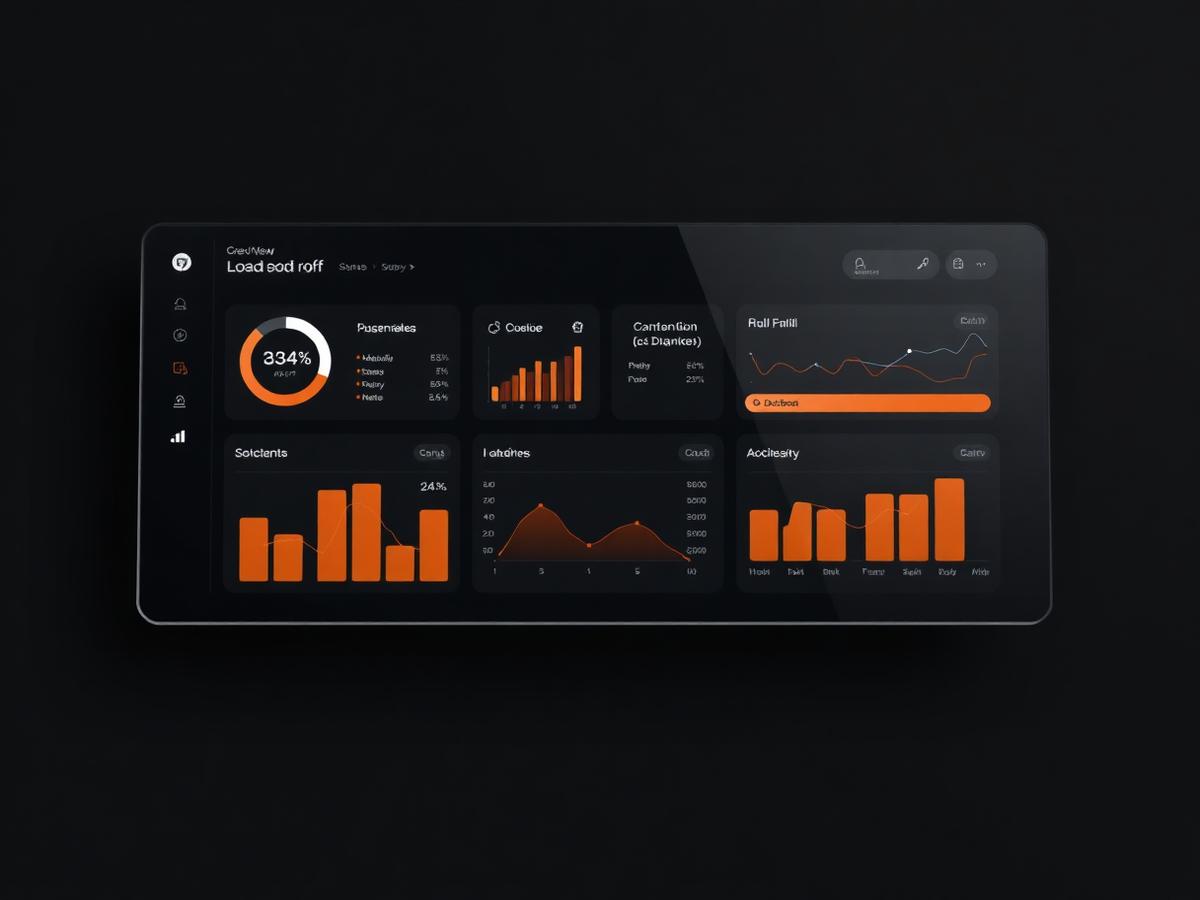 Dark analytics dashboard interface with orange charts